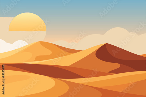 A minimalist desert landscape illustration featuring rolling sand dunes under a bright sun and clear sky.