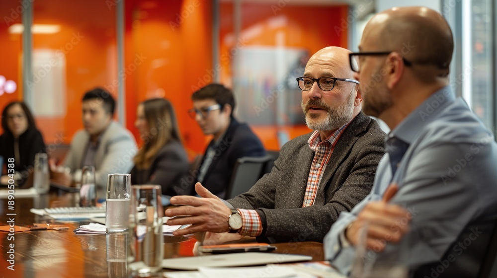 A group of people are sitting around a table in a conference room A group of people are sitting around a table in a conference room