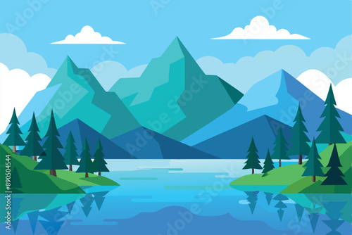 Scenic illustration of a mountain landscape with a calm lake surrounded by evergreen trees, clear blue sky, and fluffy clouds.