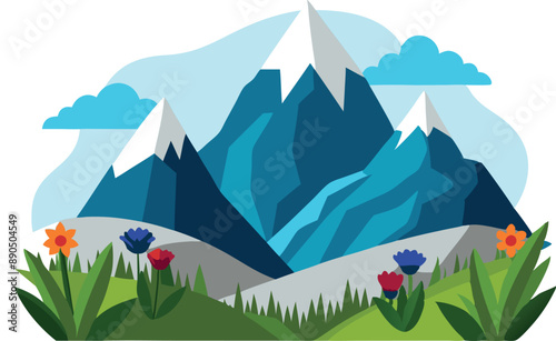 Vibrant illustration featuring snowy mountain peaks, colorful flowers, and clouds, capturing the beauty of nature