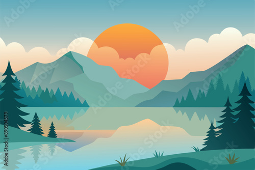 Illustrative depiction of a peaceful lake with mountains and trees at sunset, creating a calming and serene landscape.