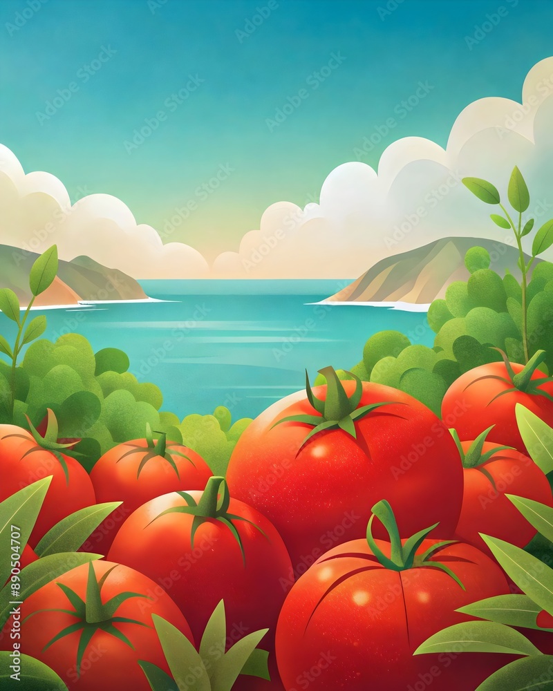 Lush Tomato Garden Overlooking Tranquil Ocean Bay Sunset Lush Tomato Garden Overlooking Tranquil Ocean Bay Sunset