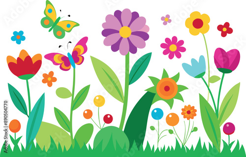 Vibrant illustration of spring flowers and butterflies in a lush garden, full of color and life, perfect for spring and summer themes.