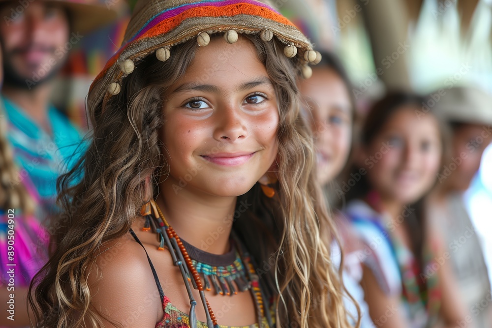 Fototapeta premium Young Girl Wearing Colorful Hat and Jewelry Smiles in Outdoor Setting