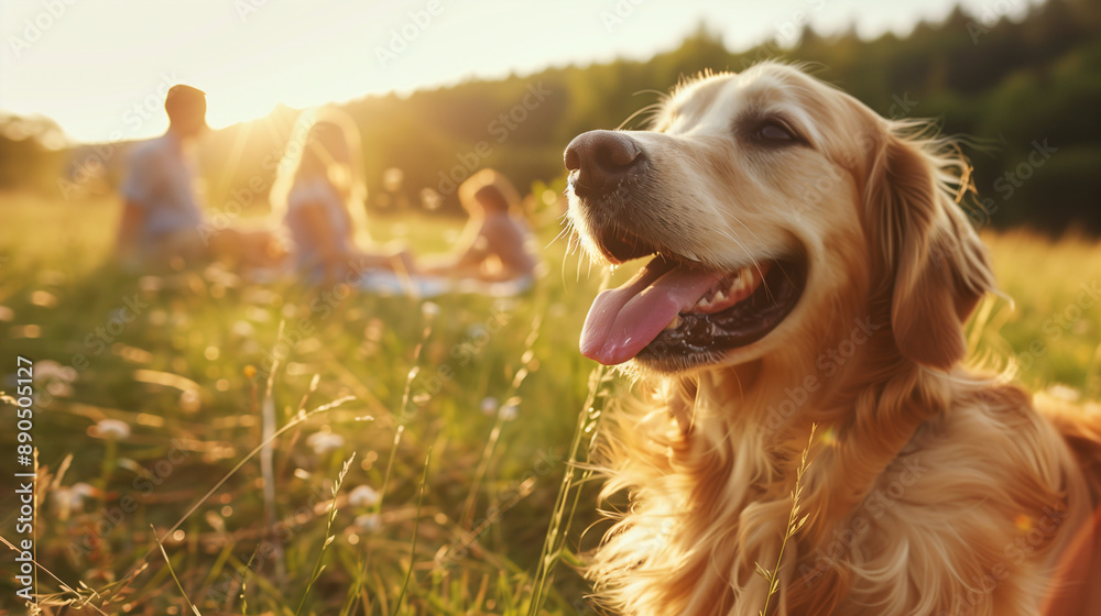 Golden retriever is smiling with its family relaxing in a field during a beautiful sunny day Golden retriever is smiling with its family relaxing in a field during a beautiful sunny day