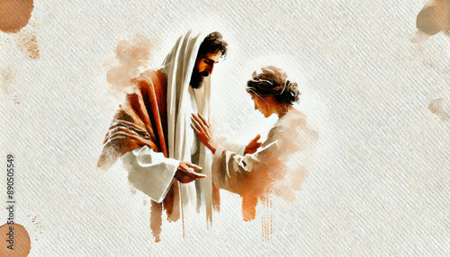 Woman touches Jesus. Watercolor digital painting on white background.