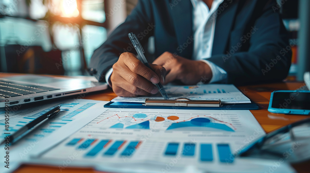 Businessman Analyzing Financial Balance Sheet Data Businessman Analyzing Financial Balance Sheet Data