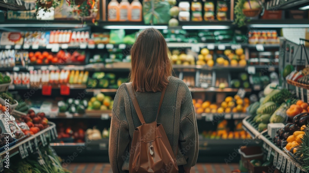 A woman with a backpack standing in a grocery store, browsing fresh produce and vegetables. Focus on shopping and healthy lifestyle. A woman with a backpack standing in a grocery store, browsing fresh produce and vegetables. Focus on shopping and healthy lifestyle.