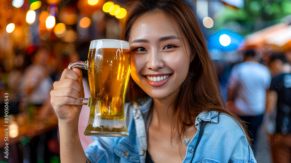 Young Asian woman in blue shirt enjoying a large beer mug at an outdoor pub during Oktoberfest, with festive decorations in the background. Young Asian woman in blue shirt enjoying a large beer mug at an outdoor pub during Oktoberfest, with festive decorations in the background.