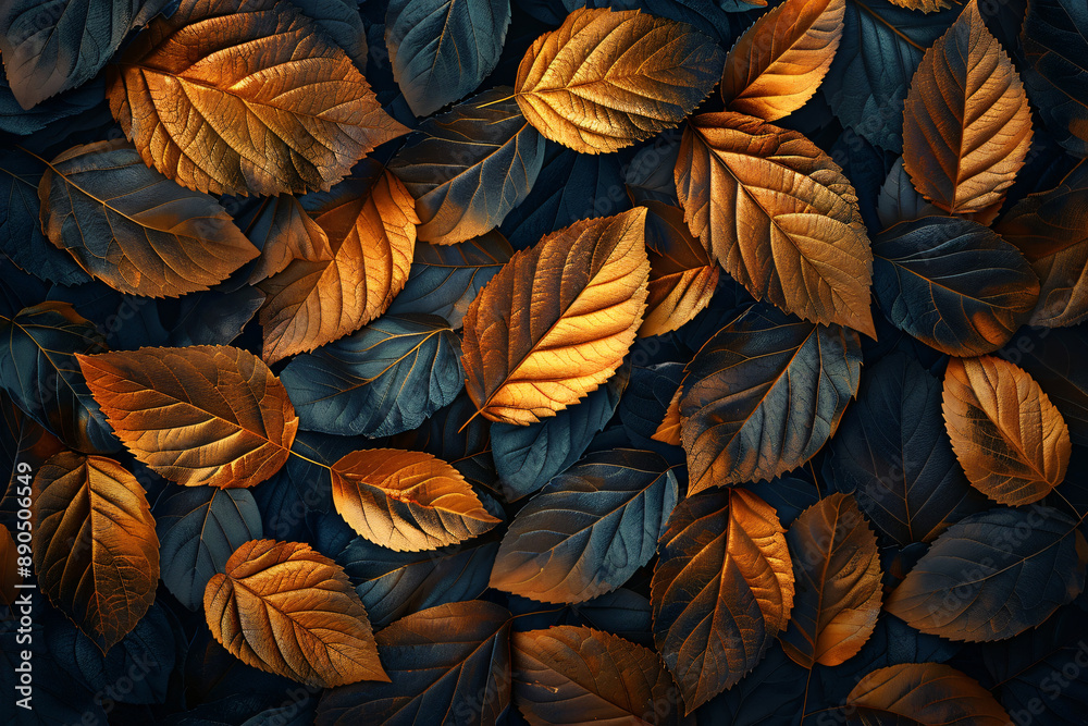 leaves in brown and gold colors on dark background, top view, high detail, hyperrealism leaves in brown and gold colors on dark background, top view, high detail, hyperrealism