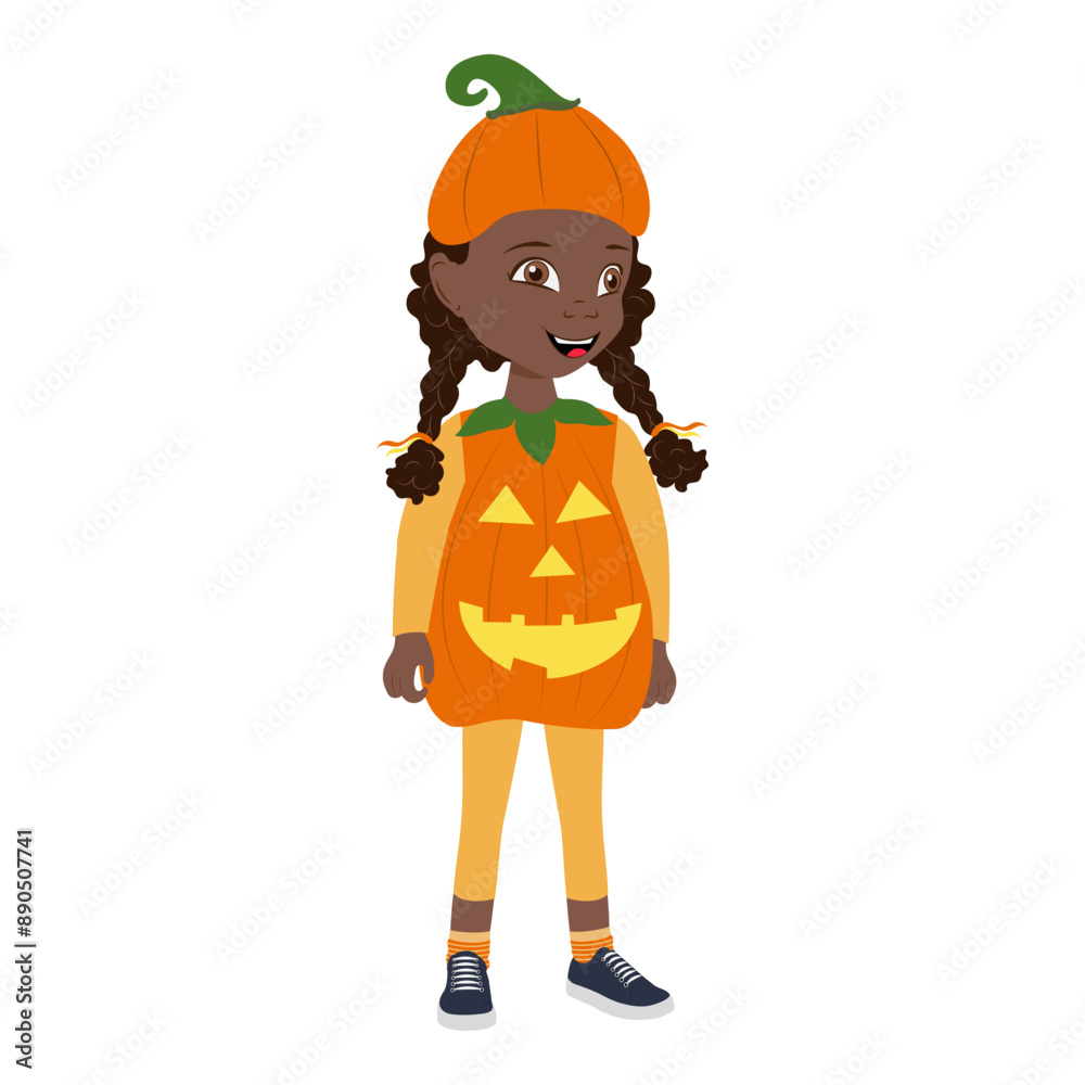 Flat Vector Illustration of Cute African American Kid Girl Wearing a Pumpkin Halloween Costume, Cartoon Character Set For Animation, Various Views, Poses and Gestures. Item 5 Flat Vector Illustration of Cute African American Kid Girl Wearing a Pumpkin Halloween Costume, Cartoon Character Set For Animation, Various Views, Poses and Gestures. Item 5