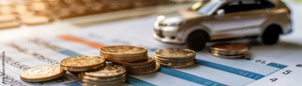 Stacks of coins with a toy car on financial charts, representing car finance, investment, and economic growth.