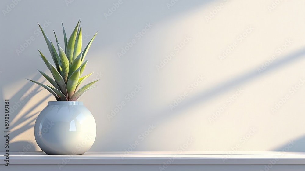 A bromeliad plant in a white vase sits on a white table, bathed in warm sunlight A bromeliad plant in a white vase sits on a white table, bathed in warm sunlight