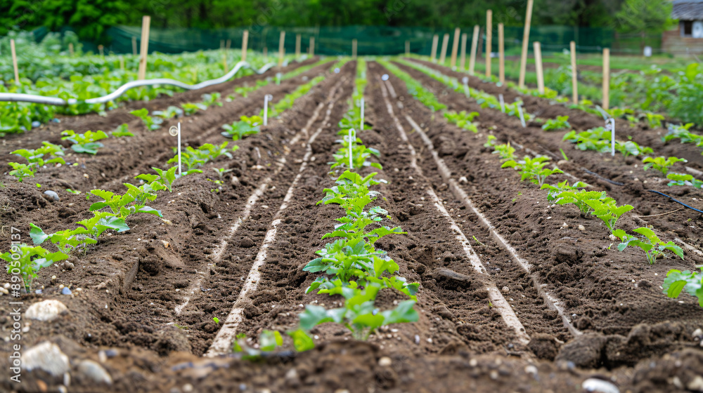 Close-up of a freshly tilled garden bed on a school farm, with rich, dark soil ready for planting. Rows of neatly spaced furrows are visible, with small garden markers indicating where different Close-up of a freshly tilled garden bed on a school farm, with rich, dark soil ready for planting. Rows of neatly spaced furrows are visible, with small garden markers indicating where different