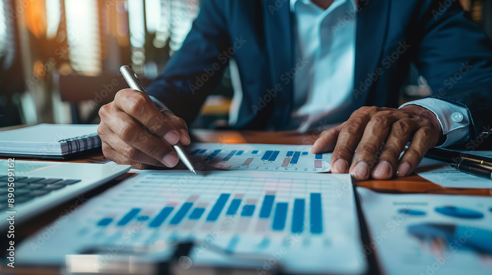 Businessman Analyzing Financial Balance Sheet Data Businessman Analyzing Financial Balance Sheet Data