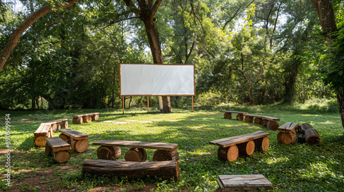 An outdoor classroom setup with a large whiteboard or chalkboard on a stand, surrounded by natural elements like trees and grass. There are empty wooden benches or log seating arranged in 