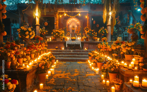 Pathway lit by candlelight leads to ofrenda decorated with cempasuchil flowers for day of the dead celebration photo