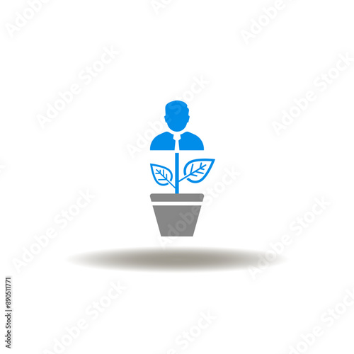 Vector illustration of pot with grow man. Icon of personal growth. Symbol of learn and grow. Sign of career development.