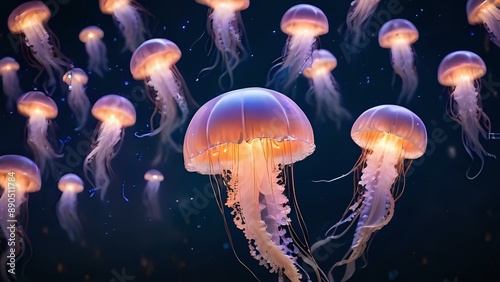 many jellyfish swimming in a dark blue water. They are glowing a soft orange and pink.