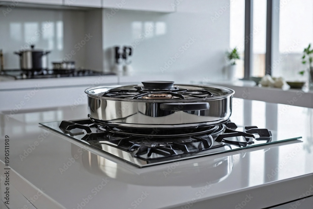 the stove on a reflective glass kitchen counter. the stove on a reflective glass kitchen counter.