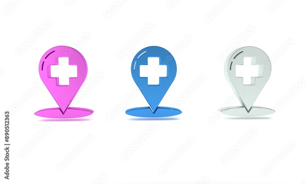 Colorful Medical map pointer with cross hospital icon isolated on white background. Minimalism concept. 3D render illustration Colorful Medical map pointer with cross hospital icon isolated on white background. Minimalism concept. 3D render illustration