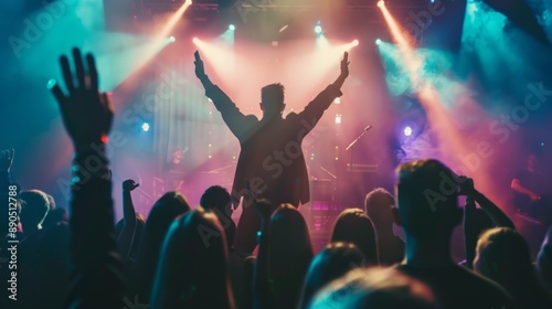 A man is on stage in front of a crowd of people, and the crowd is cheering