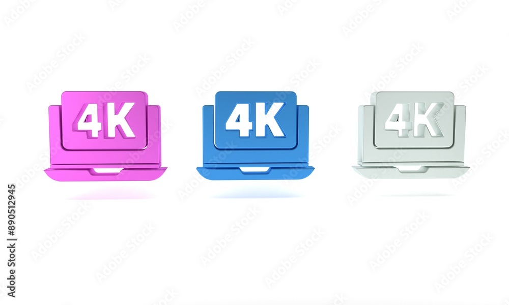 Obraz premium Colorful Laptop screen with 4k video technology icon isolated on white background. Minimalism concept. 3D render illustration