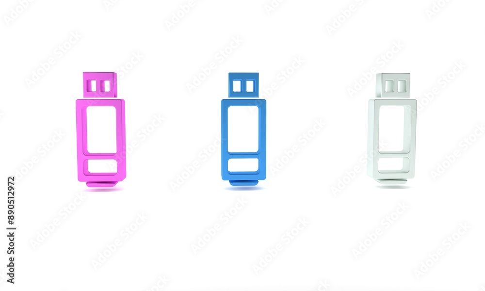 Colorful USB flash drive icon isolated on white background. Minimalism concept. 3D render illustration Colorful USB flash drive icon isolated on white background. Minimalism concept. 3D render illustration