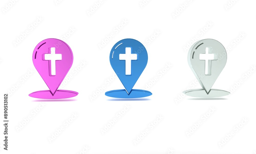 Colorful Map pointer with christian cross icon isolated on white background. Minimalism concept. 3D render illustration Colorful Map pointer with christian cross icon isolated on white background. Minimalism concept. 3D render illustration
