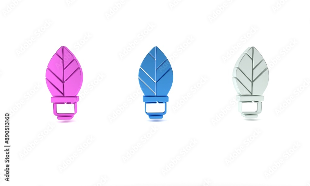 Colorful Light bulb with leaf icon isolated on white background. Eco energy concept. Alternative energy concept. Minimalism concept. 3D render illustration Colorful Light bulb with leaf icon isolated on white background. Eco energy concept. Alternative energy concept. Minimalism concept. 3D render illustration