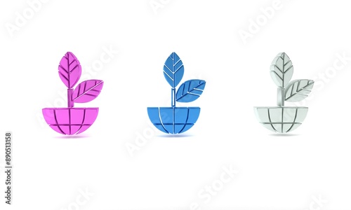 Colorful Earth globe and plant icon isolated on white background. World or Earth sign. Geometric shapes. Environmental concept. Minimalism concept. 3D render illustration