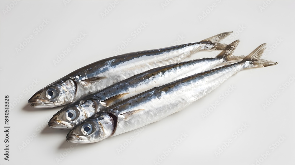 Whole Anchovies with Shimmering Silver Scales and Fresh Texture on Pristine White Background Whole Anchovies with Shimmering Silver Scales and Fresh Texture on Pristine White Background