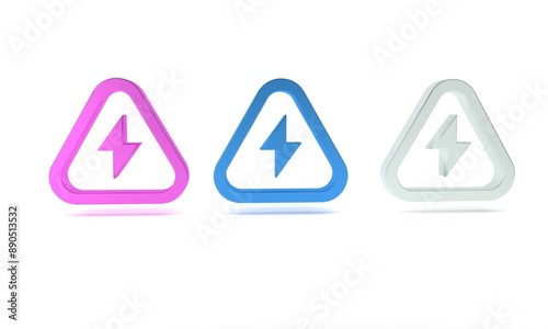 Colorful High voltage icon isolated on white background. Danger symbol. Arrow in triangle. Warning icon. Minimalism concept. 3D render illustration