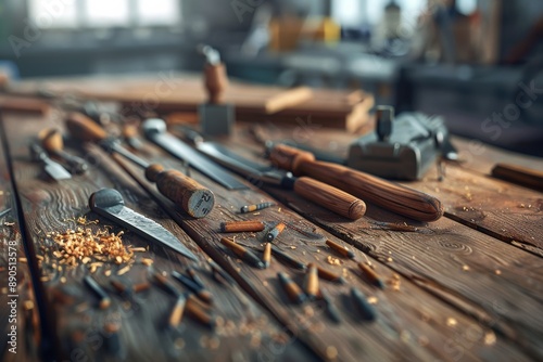 A detailed close-up of various woodworking tools on a rustic workbench in a well-lit workshop. Focus on chisels, a plane, and wood shavings. photo