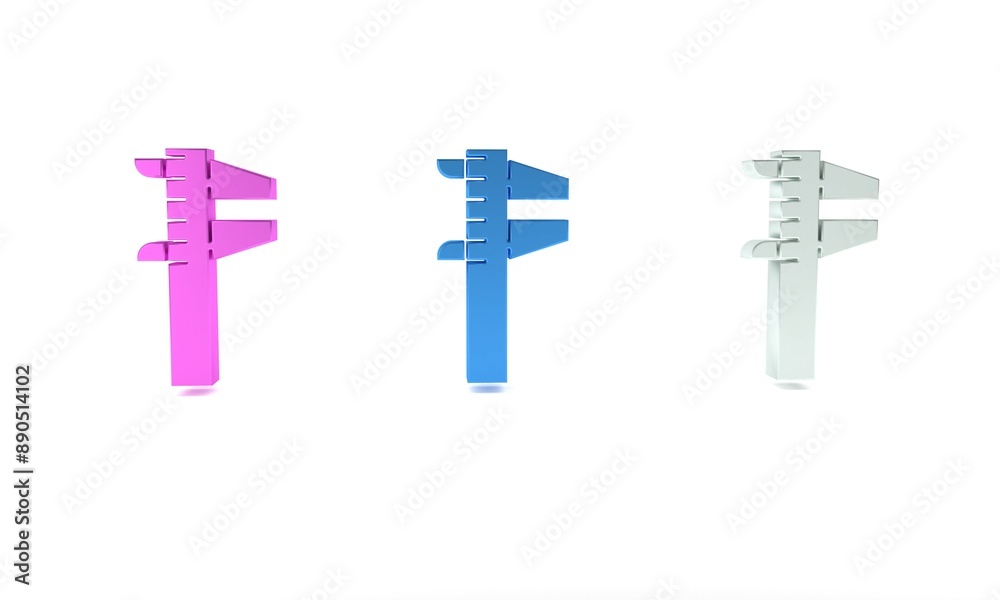 Obraz premium Colorful Calliper or caliper and scale icon isolated on white background. Precision measuring tools. Minimalism concept. 3D render illustration