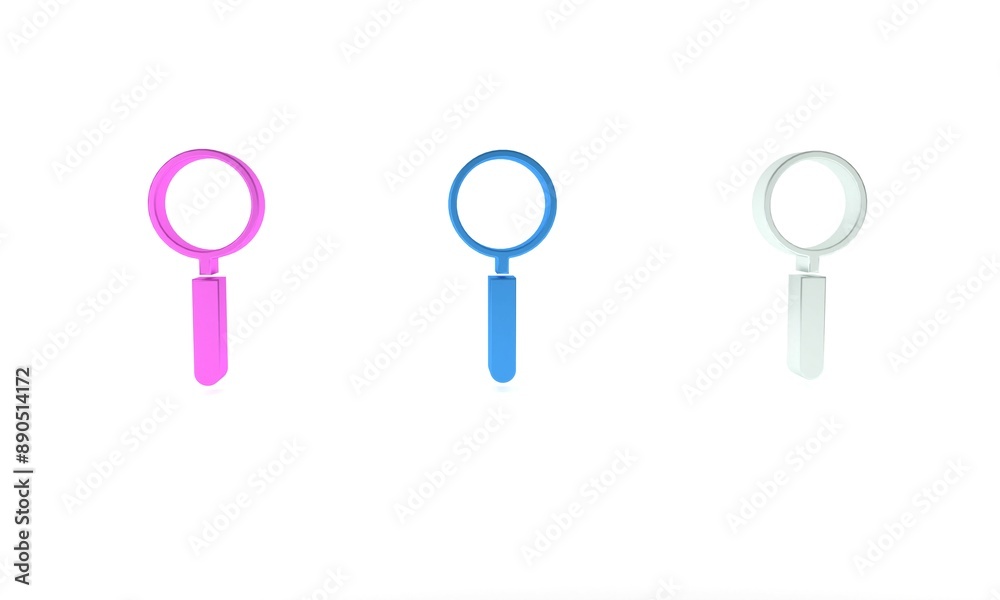 Colorful Magnifying glass icon isolated on white background. Search, focus, zoom, business symbol. Minimalism concept. 3D render illustration Colorful Magnifying glass icon isolated on white background. Search, focus, zoom, business symbol. Minimalism concept. 3D render illustration