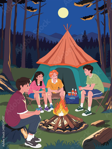 Teenagers camping at night with fire illustration vector