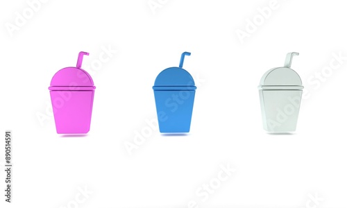 Colorful Milkshake icon isolated on white background. Plastic cup with lid and straw. Minimalism concept. 3D render illustration