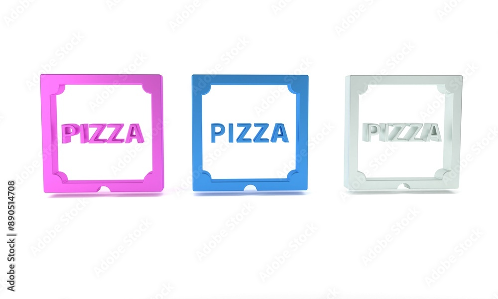 Colorful Pizza in cardboard box icon isolated on white background. Box with layout elements. Minimalism concept. 3D render illustration