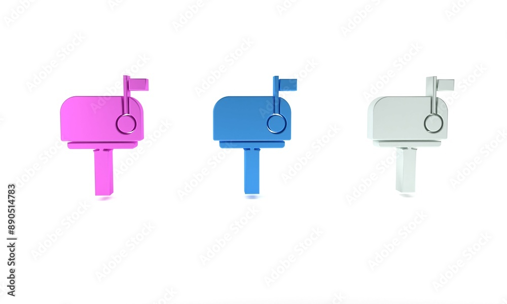 Colorful Mail box icon isolated on white background. Mailbox icon. Mail postbox on pole with flag. Minimalism concept. 3D render illustration Colorful Mail box icon isolated on white background. Mailbox icon. Mail postbox on pole with flag. Minimalism concept. 3D render illustration
