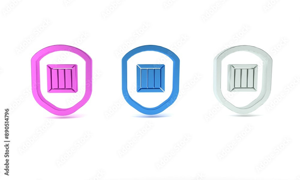 Colorful Delivery security with shield icon isolated on white background. Delivery insurance. Insured cardboard boxes beyond the shield. Minimalism concept. 3D render illustration