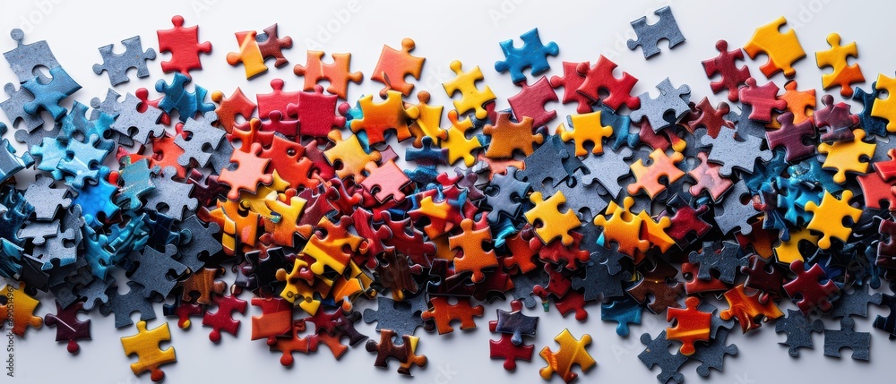 white background White area in the center of the image Piles of colorful jigsaw puzzles scattered everywhere. They come in different shapes and sizes to show diversity.