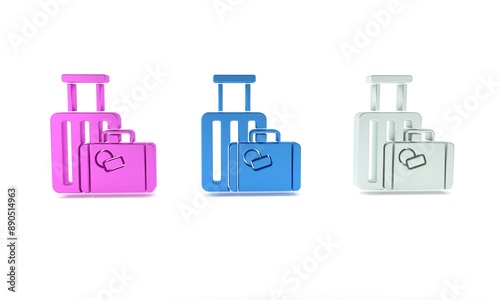 Colorful Suitcase for travel icon isolated on white background. Traveling baggage sign. Travel luggage icon. Minimalism concept. 3D render illustration