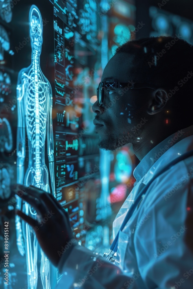 Man examines human skeleton Man examines human skeleton