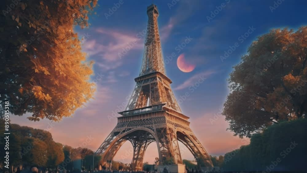 eiffel tower at night, seamless looping animation video background 