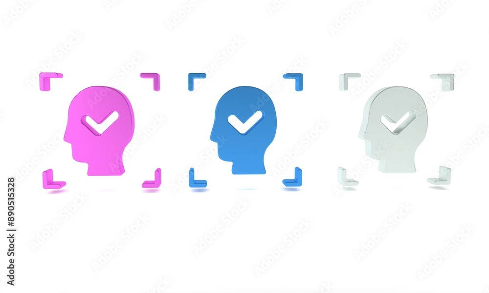 Colorful Face recognition with check mark icon isolated on white background. Face identification scanner icon. Facial id. Cyber security concept. Minimalism concept. 3D render illustration Colorful Face recognition with check mark icon isolated on white background. Face identification scanner icon. Facial id. Cyber security concept. Minimalism concept. 3D render illustration