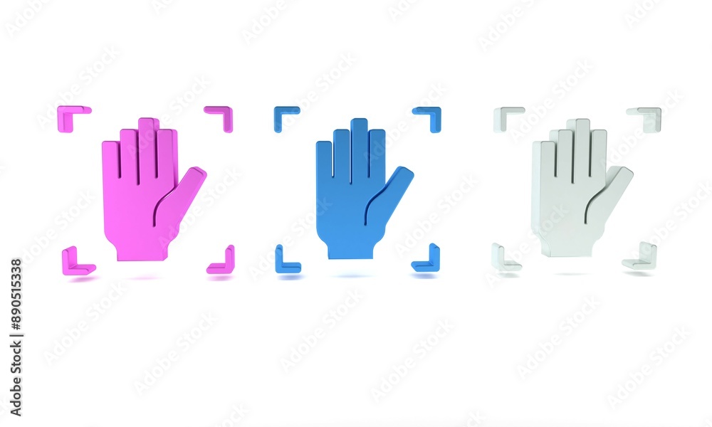 Colorful Palm print recognition icon isolated on white background. Biometric hand scan. Fingerprint identification. System recognition and verification. Minimalism concept. 3D render illustration