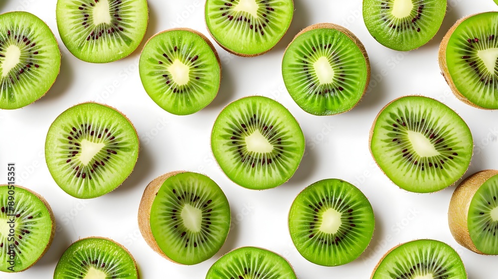 Fototapeta premium Vibrant Green Kiwi Slices on Clean White Background,Highlighting Unique Seed Pattern