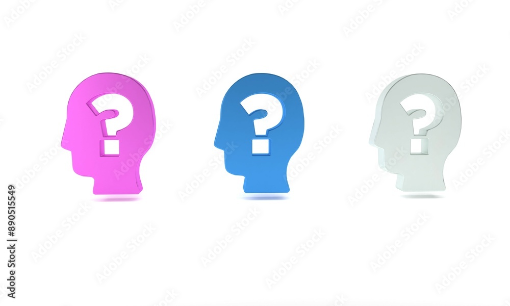 Colorful Human head with question mark icon isolated on white background. Minimalism concept. 3D render illustration Colorful Human head with question mark icon isolated on white background. Minimalism concept. 3D render illustration