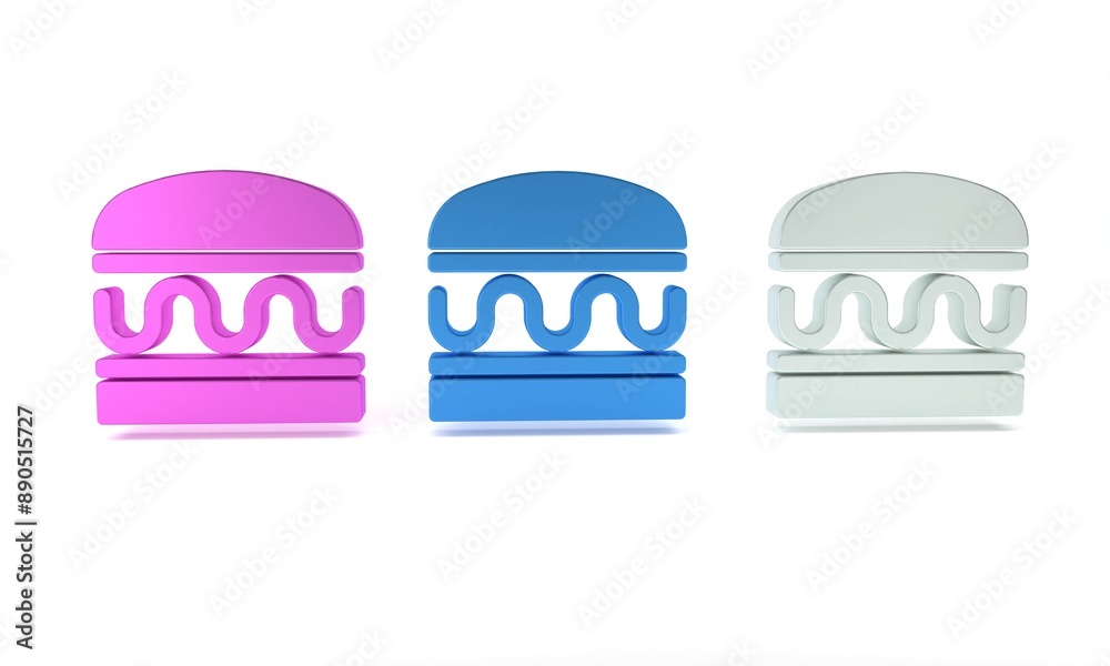 Colorful Burger icon isolated on white background. Hamburger icon. Cheeseburger sandwich sign. Fast food menu. Minimalism concept. 3D render illustration